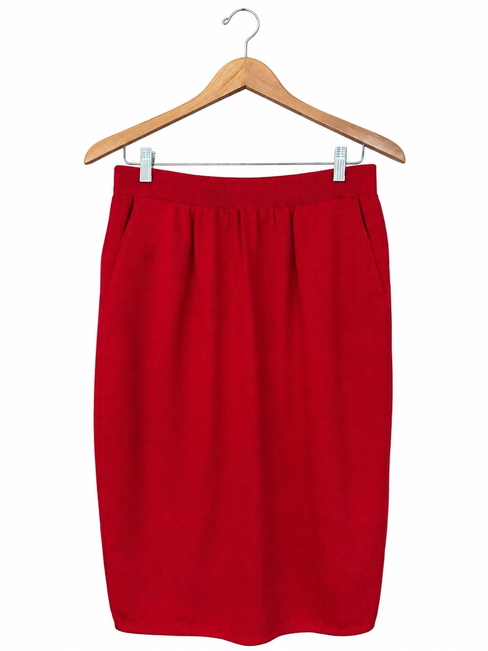 St. John Collection Santana Knit Red Midi Skirt Pockets Size 10 Made USA